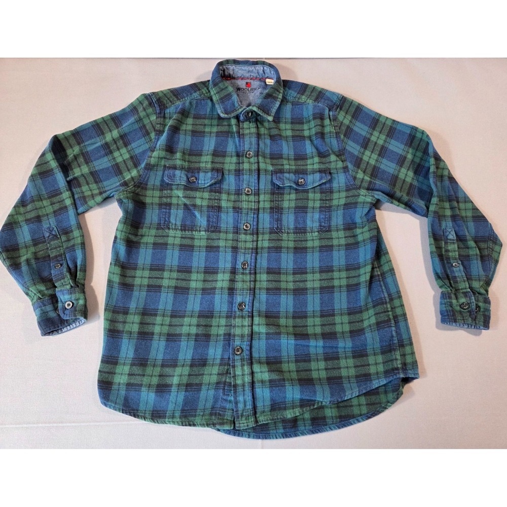 Woolrich Flannel Mens Medium Blue Green Plaid Button Up Long Sleeve Shirt Polo